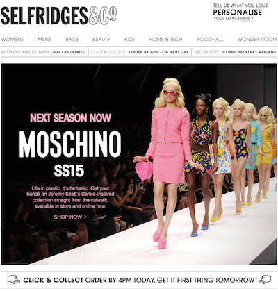 Selfridges Moschino ss15 email