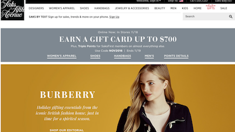 The Burberry holiday promotion on Saks' homepage. Image courtesy of Saks Fifth Avenue