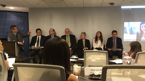 The Conference Board chief economist Bart van Ark (at lectern) leading the global outlook briefing in New York, June 12, 2017