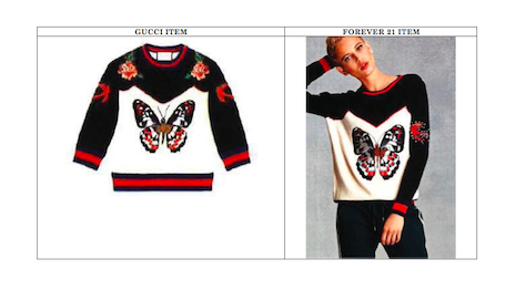 Gucci's butterfly pattern (left) on its sweater versus Forever 21's butterfly design (right). Image credit: Springut Law