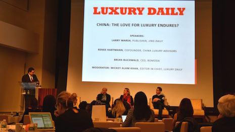 The China panel at Luxury FirstLook 2018: Exclusivity Redefined, a conference hosted by Luxury Daily. From left to right: moderator and Luxury Daily editor in chief Mickey Alam Khan (at the lectern), Jing Daily publisher Larry Warsh, China Luxury Advisors cofounder Renee Hartmann and Bomoda CEO Brian Buchwald. Image courtesy of Jing Daily