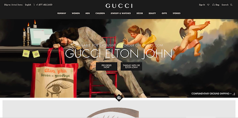 Gucci's partnership with Sir Elton John for a capsule collection of T-shirts and tote bags is available for pre-order exclusively on Gucci.com, marking yet another reason to appeal to the fashion brand's millennial customer base. Image credit: Gucci