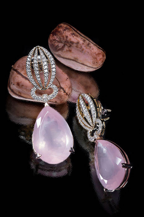 Satta Matturi earrings in 18ct yellow gold, rose quartz and diamonds inspired by the kola nut native to the rainforests in West Africa. Image credit: Satta Matturi Fine Jewellery