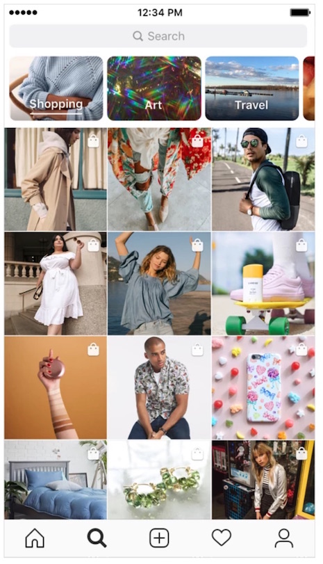 Featured posts appear in a grid and include a prominent Shopping icon, making it simple to go from discovery to purchase. Image credit: Instagram