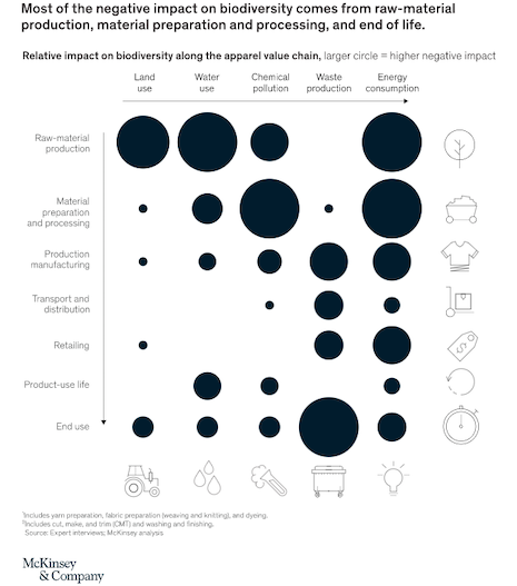 Most of the negative impact on biodiversity comes from raw-material production, material preparation and processing, and end of life. Source: McKinsey & Co. 